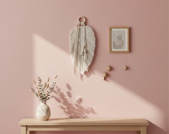 Handmade Feather Leaf Wall Hanging, Nordic Boho Cotton Tapestry with Fringe
