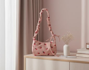 Strawberry Print Corduroy Shoulder Bag, Mini Half Moon Tote