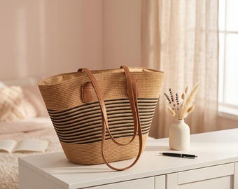Large Woven Straw Beach Tote Bag – Boho Seaside Vacation Shoulder Handbag