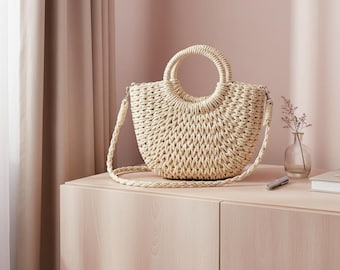 Handwoven Straw Half Moon Bag, Summer Beach Crossbody