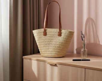Woven Straw Shoulder Tote Bag, Structured Boho Summer Handbag