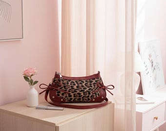 Leopard Print Hobo Bag, Retro Bow Shoulder Bag