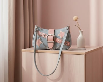 Denim Star Patchwork Hobo Bag, 90s Streetwear Purse