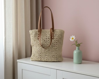 Woven Straw Beach Tote, Raffia Shoulder Bag, Bohemian Style