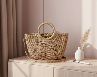 Handmade Straw Woven Bucket Bag, Summer Beach Tote