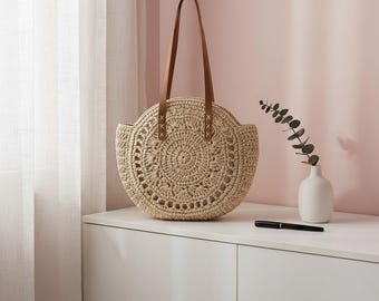 Round Straw Beach Tote Bag, Large Woven Shoulder Bag