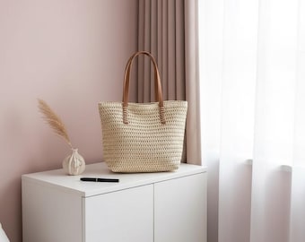 Large Woven Tote Bag with Zipper, Stylish Beach Handbag, Summer Vacation Purse