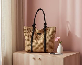 Woven Straw Tote Bag, Elegant Beach Handbag, Bohemian Style