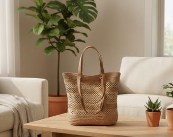 Handmade Woven Straw Shoulder Bag – Large Beach Tote