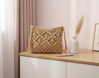 Handwoven Boho Shoulder Bag, Cotton Tassel Tote with Zipper, Bohemian Purse