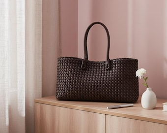Large Woven Tote Bag, Chic Minimalist Shoulder Handbag, Work Travel Carryall