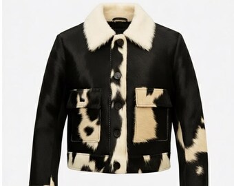 Black  White Cowhide Leather Jacket – Hair-On-Hide Cowprint, Western & Biker Statement Jacket