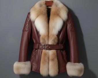 Echte Fuchspelz Lederjacke für Damen | Echter Ledermantel mit natürlichem Fuchspelzkragen & Manschetten | Luxus Winter Jacke