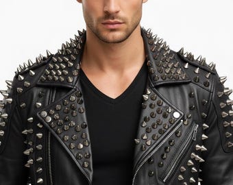 メンズ ブラック スタッズ レザージャケット – パンクロック バイカー