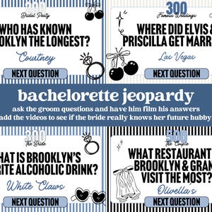 May include: A bachelorette jeopardy game with four question cards. Each card has a question, answer, and "Next Question" button. The questions are about Brooklyn, Elvis & Priscilla, and the couple's preferences. The game's theme is bachelorette party fun.