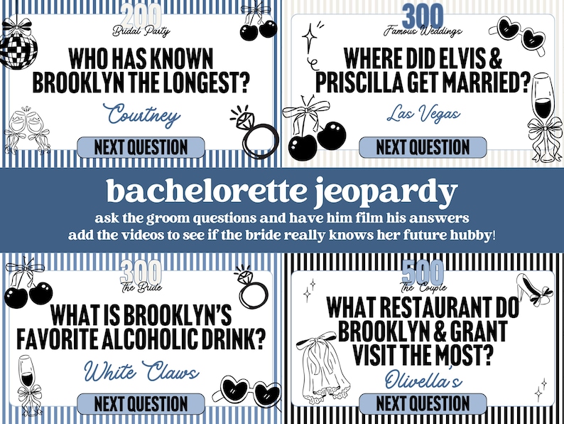 May include: A bachelorette jeopardy game with four question cards. Each card has a question, answer, and "Next Question" button. The questions are about Brooklyn, Elvis & Priscilla, and the couple's preferences. The game's theme is bachelorette party fun.