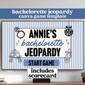 以下が含まれることがあります： 「Annie's Bachelorette Jeopardy」のテキストが黒と青で表示された、デジタル独身パーティーゲームテンプレート。デザインには、指輪、シャンパングラス、ディスコボール、シャンパンボトルのイラストが含まれています。「Start Game」と「includes scorecard」の文字も表示されています。