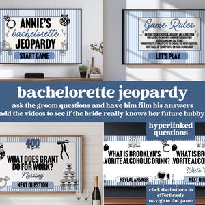 May include: A digital bachelorette Jeopardy game displayed on a screen. The game features categories, questions, and answer reveals. The game's title is "Annie's Bachelorette Jeopardy" with a "Start Game" button. The game rules are also displayed.