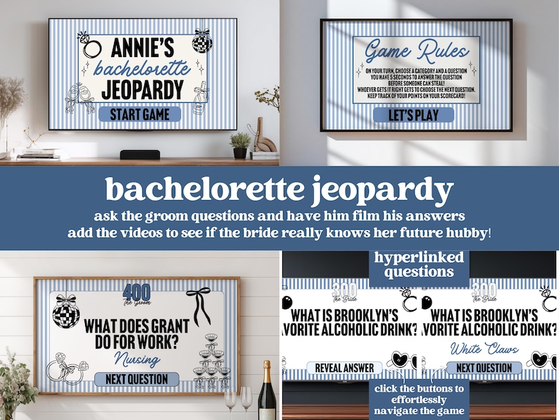 May include: A digital bachelorette Jeopardy game displayed on a screen. The game features categories, questions, and answer reveals. The game's title is "Annie's Bachelorette Jeopardy" with a "Start Game" button. The game rules are also displayed.