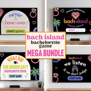 Puede incluir: Un mega paquete de juegos de despedida de soltera "Bach Island" que se muestran en cuatro pantallas. Cada pantalla presenta gráficos de estilo neón, incluyendo corazones, anillos y palmeras, con títulos de juegos como "Never Have I Ever" y "What Did The Groom Say?"