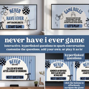 May include: Digital game screens with the text "Never Have I Ever" and game rules. The screens feature decorative elements like cherries, bows, and disco balls. The game is designed for a bachelorette party.