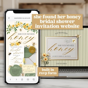 May include: A digital bridal shower invitation website shown on a smartphone and laptop. The design includes floral elements, bees, and the text "She Found Her Honey." The website has a built-in RSVP form.