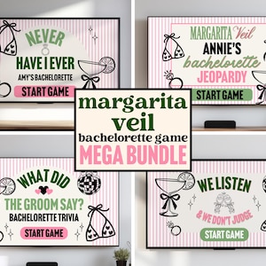 Op de afbeelding: Vier digitale schermen met ontwerpen voor vrijgezellenfeestspellen. Elk scherm heeft een andere speltitel, illustraties van bikinitops, cocktailglazen en de woorden "Start Game". De centrale afbeelding luidt "Margarita Veil Bachelorette Game Mega Bundle".