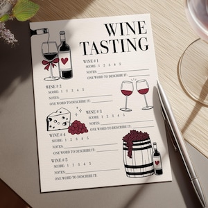 May include: A cream-colored wine tasting sheet with the words "WINE TASTING" at the top. The sheet has illustrations of wine glasses, bottles, cheese, and grapes. A pen and a wine glass are on the table.