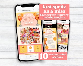 Last Spritz As A Miss Bachelorette Itinerary Website | Customizable Canva Template for Bach Party, Hen Party | Spritz Bachelorette