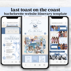Plantilla de sitio web de itinerario de despedida de soltera "Último brindis en la costa" (Canva) / Despedida de soltera / Conchas y campanas de boda