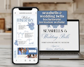 Seashells and Wedding Bells Bachelorette Itinerary Website | Customizable Canva Template for Bach Party Hen Party Coastal Beach Bachelorette