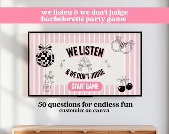 Wir Hören zu und urteilen nicht Bachelorette Spiel Vorlage | Lustige Bach Spiele | Bearbeitbare Leinwand | Henne Do Party | Girls Night Pink urteilen wir nicht