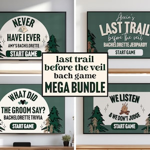 Pode incluir: Um conjunto de quatro placas emolduradas com tema de floresta, projetadas para uma despedida de solteira. Cada placa apresenta textos como "Never Have I Ever" e "Last Trail Before The Veil", juntamente com títulos de jogos e "Start Game".