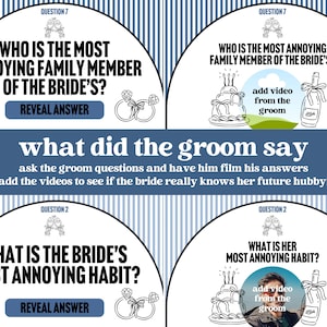 May include: A wedding game with questions for the groom, featuring text like "Who is the most annoying family member of the bride's?" and "What is the bride's most annoying habit?" Includes illustrations of wedding rings, cherries, and a cake.