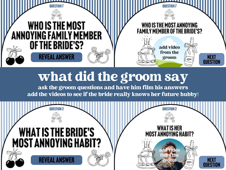 May include: A wedding game with questions for the groom, featuring text like "Who is the most annoying family member of the bride's?" and "What is the bride's most annoying habit?" Includes illustrations of wedding rings, cherries, and a cake.
