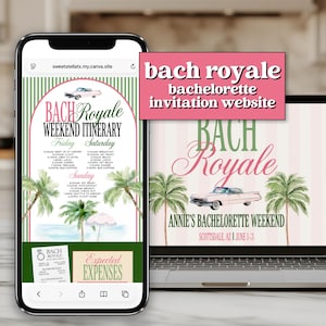 Könnte beinhalten: Ein Smartphone und ein Laptop zeigen eine "Bach Royale" Junggesellinnenabschied-Einladungswebsite. Das Design hat ein rosa und grünes Farbschema mit einem Oldtimer, Palmen und dem Text "Weekend Itinerary". Die Website enthält Details für Annies Junggesellinnenabschied.