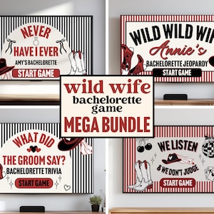 May include: A collection of framed bachelorette party games with a Western theme. Each frame features a black and white striped background, cowboy boots, and a cowboy hat. The games include "Never Have I Ever," "Bachelorette Jeopardy," and "Bachelorette Trivia."