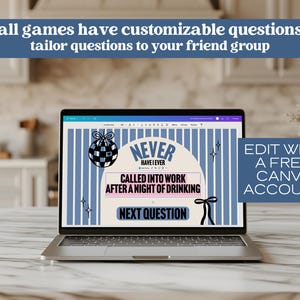 May include: A laptop displays a "Never Have I Ever" game template with customizable questions. The screen shows text: "Called into work after a night of drinking." The top banner reads: "all games have customizable questions tailor questions to your friend group."