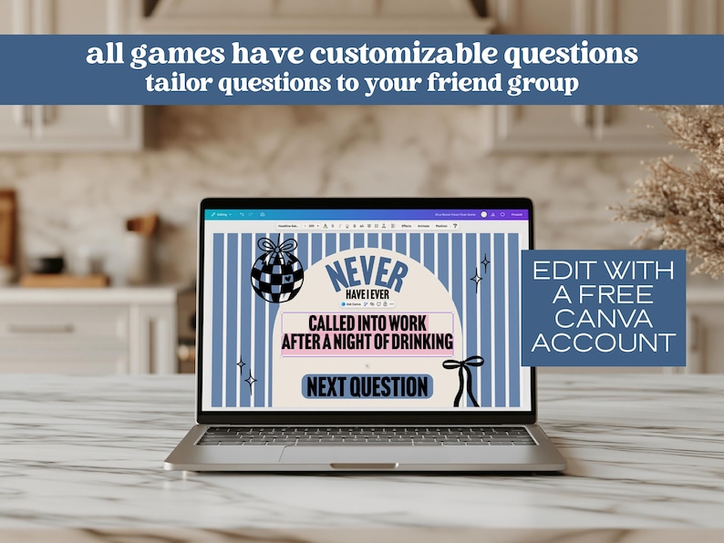 May include: A laptop displays a "Never Have I Ever" game template with customizable questions. The screen shows text: "Called into work after a night of drinking." The top banner reads: "all games have customizable questions tailor questions to your friend group."