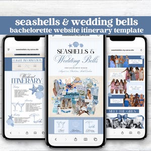 Seashells and Wedding Bells Bachelorette Itinerary Website | Customizable Canva Template for Bach Party Hen Party Coastal Beach Bachelorette