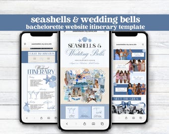 Seashells and Wedding Bells Bachelorette Itinerary Website | Customizable Canva Template for Bach Party Hen Party Coastal Beach Bachelorette