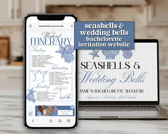Seashells and Wedding Bells Bachelorette Itinerary Website | Customizable Canva Template for Bach Party Hen Party Coastal Beach Bachelorette