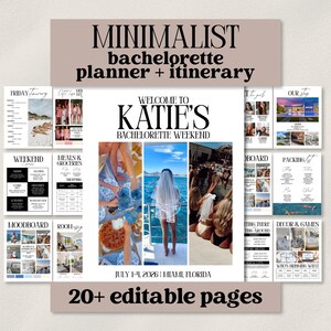 Puede incluir: Un planificador e itinerario de despedida de soltera minimalista con el texto "MINIMALIST bachelorette planner + itinerary". El planificador incluye páginas editables con secciones para el fin de semana, comidas y embalaje. El evento es en Miami, Florida.