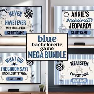 Puede incluir: Un paquete de juegos de despedida de soltera en azul con cuatro opciones de juego diferentes que se muestran en pantallas. Cada pantalla tiene un fondo blanco con rayas verticales azules y texto negro. Los juegos incluyen "Never Have I Ever", "Annie's Bachelorette Jeopardy", "What Did The Groom Say?" y "We Listen & We Don't Judge".
