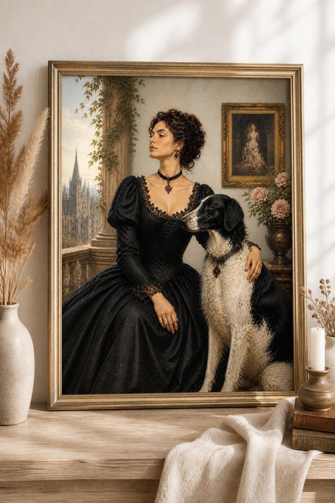 Victorian Woman Dog Portrait Printable Wall Art, Vintage Elegant Pet ...