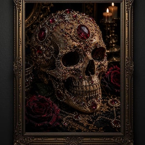 Quadro con teschio di rubino, stampa digitale con teschio gotico, decorazione dark fantasy, arte gotica di lusso, download digitale