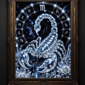 May include: A framed wall art piece featuring a sparkling, diamond-like scorpion centred against a dark, starry night sky. A circular zodiac wheel with astrological symbols surrounds the scorpion, and crystal-like flowers sit at the base.