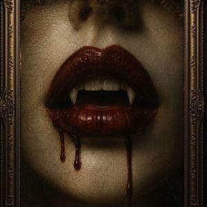 May include: A framed artwork featuring a close-up of a mouth with dark red lipstick and visible fangs. The lips have a glossy finish, with drips of red liquid. The frame is ornate with a gold finish.