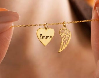 Heart Name Necklace with Angel Wing, Christmas Gift, Personalized Angel Wing Heart Necklace, Memorial Necklace, Engraved Heart Necklace
