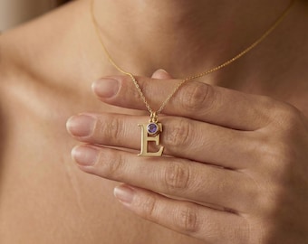 Personalised Birthstone Initial Necklace with Satellite Chain, Gold Letter Necklace, Birthstone Jewellery, Womens Necklace, Christmas Gift
